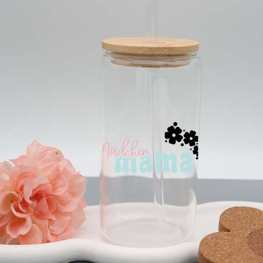 Mädchen Mama Trinkglas | Glas 500 ml | Strohhalm + Deckel