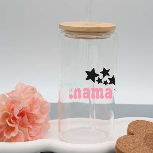 Jungen Mama Trinkglas | Glas 500 ml | Strohhalm + Deckel