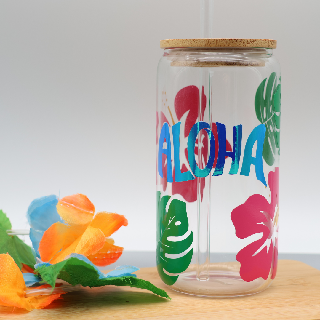 Aloha | Trinkglas 500 ml | Strohhalm + Deckel