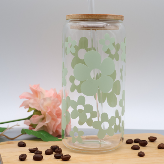 Boho Blumen | Trinkglas 500 ml | Strohhalm + Deckel