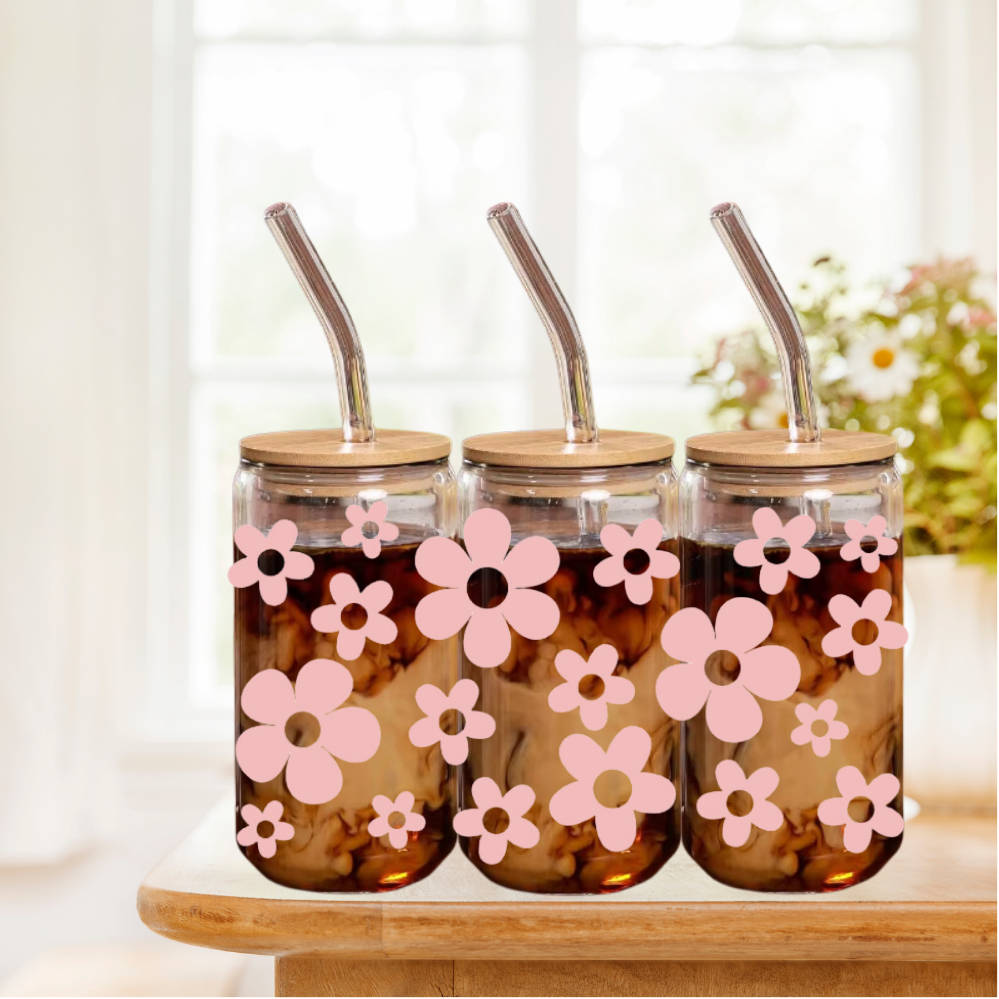 Glas mit Strohhalm - Boho Blumen