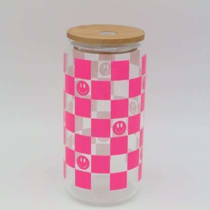 Checkered Smiley | Trinkglas 500 ml | Strohhalm + Deckel