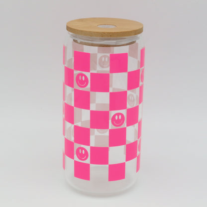 Checkered Smiley | Trinkglas 500 ml | Strohhalm + Deckel