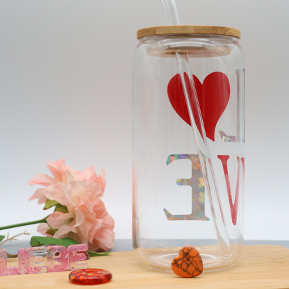 LOVE | Trinkglas 500 ml | Strohhalm + Deckel