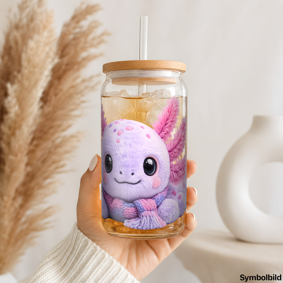 Plüsch-Axolotl als UV-DTF Sticker auf einem 16oz Glasbecher