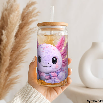 Plüsch-Axolotl als UV-DTF Sticker auf einem 16oz Glasbecher