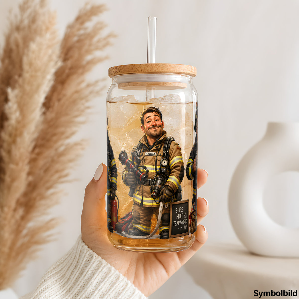 Feuerwehr-Trio als UV-DTF Sticker auf einem 16oz Glasbecher