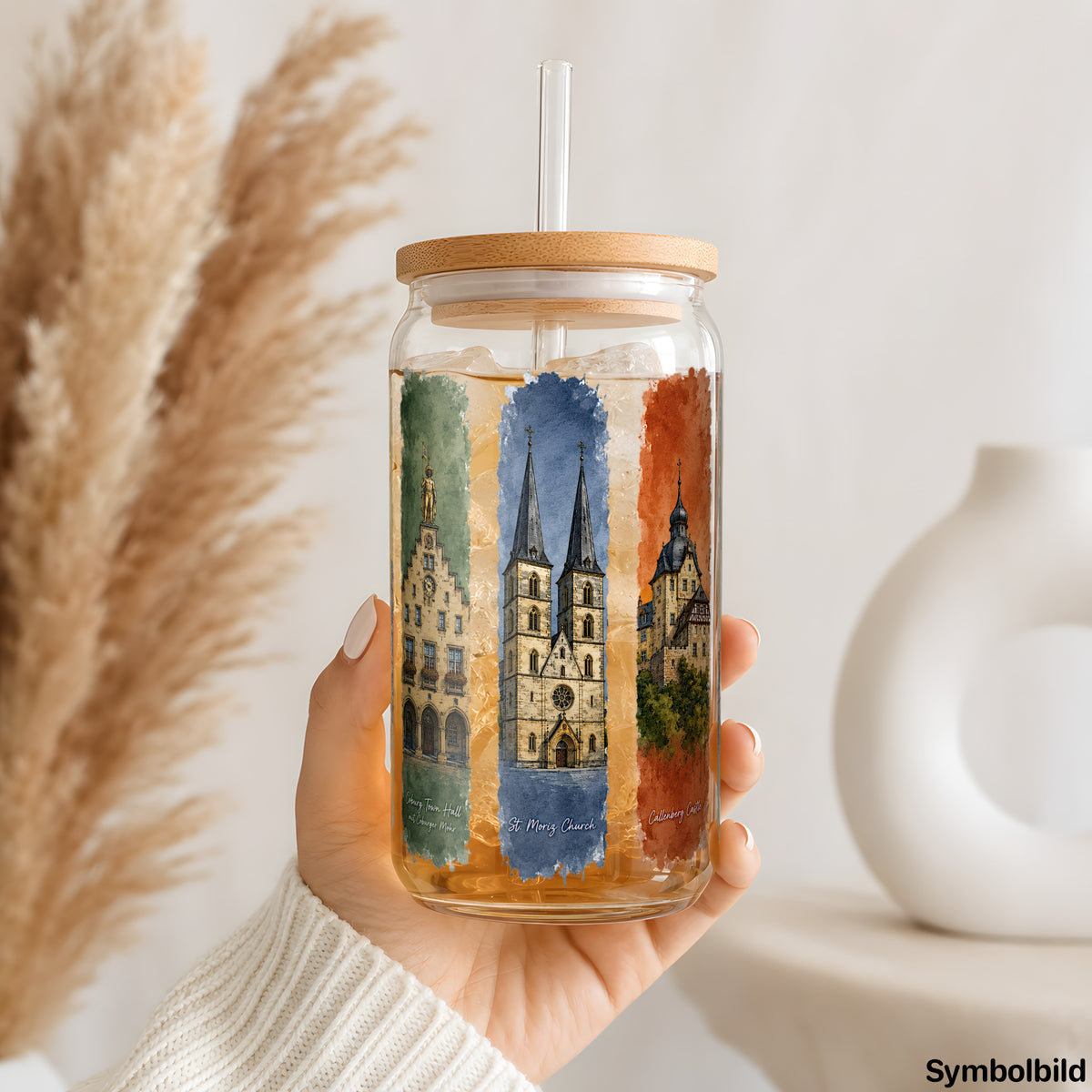 Coburg in Streifen als UV-DTF Sticker auf einem 16oz Glasbecher