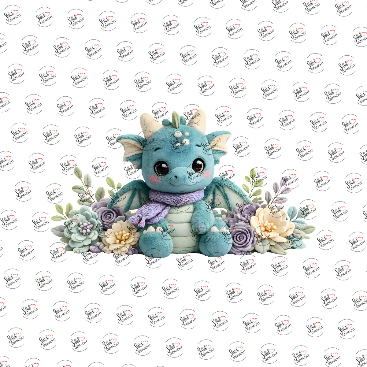 Plüschdrache mit Blüten als UV-DTF Sticker einzeln
