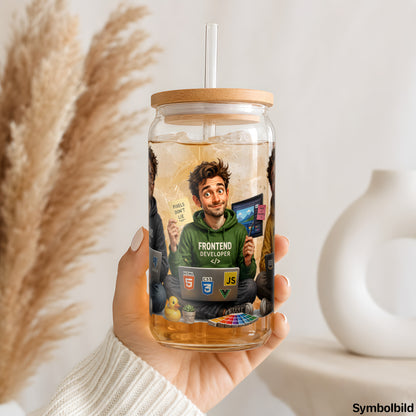Entwickler-Trio als UV-DTF Sticker auf einem 16oz Glasbecher