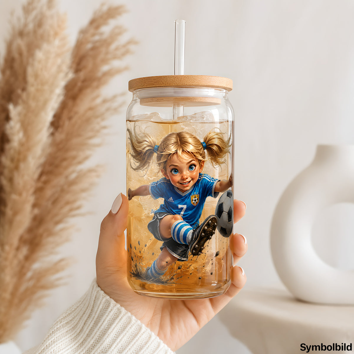 Fußballmädchen als UV-DTF Sticker auf einem 16oz Glasbecher