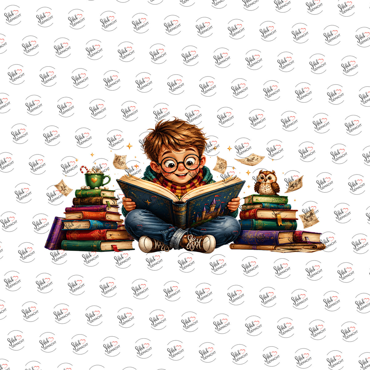 Junge im Bücherstapel als UV-DTF Sticker einzeln
