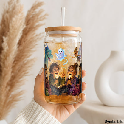 Nachtgeschichten mit Monstern als UV-DTF Sticker auf einem 16oz Glasbecher
