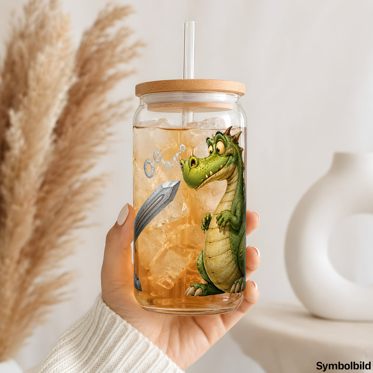 Ritter trifft Drache als UV-DTF Sticker auf einem 16oz Glasbecher