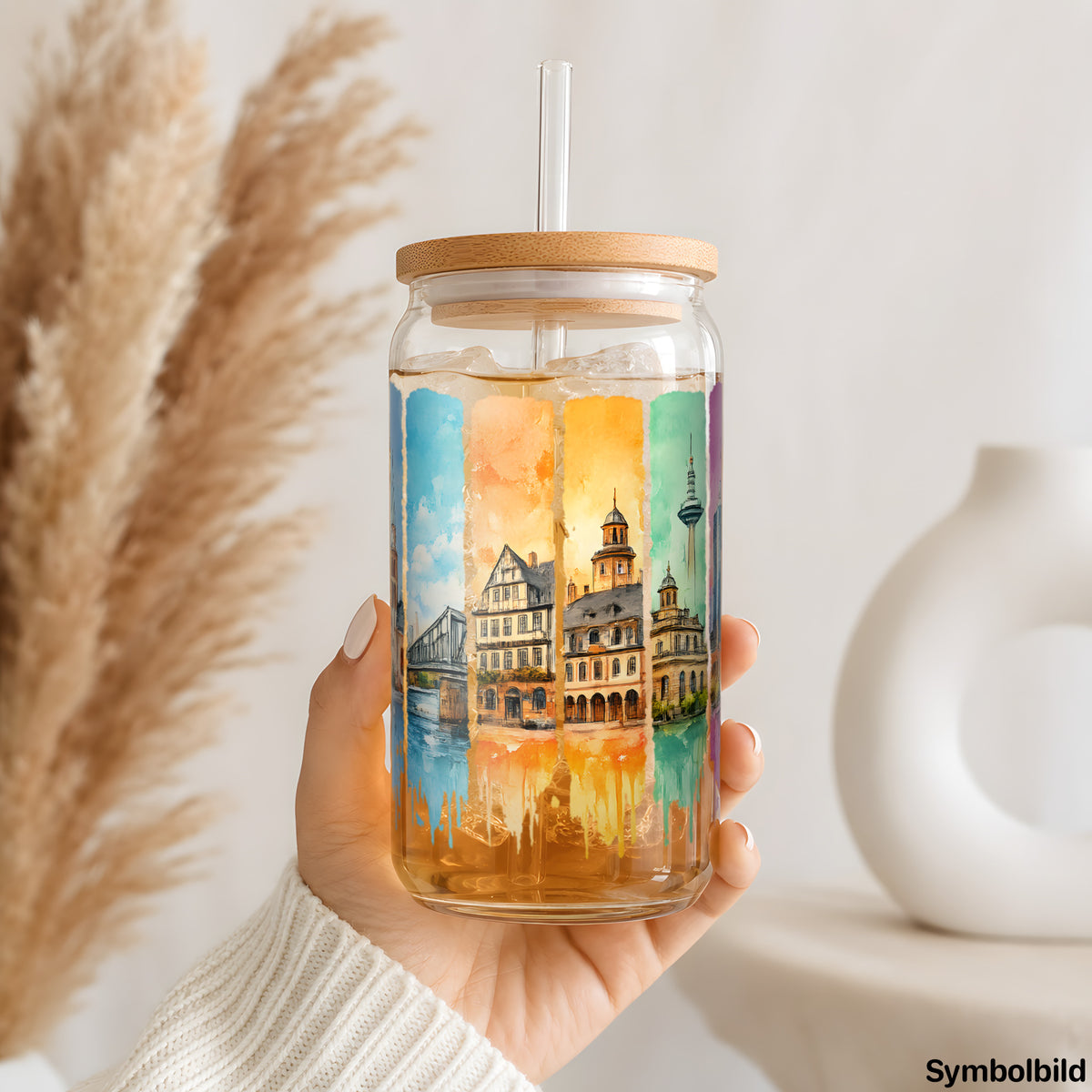 Frankfurter Ansichten als UV-DTF Sticker auf einem 16oz Glasbecher