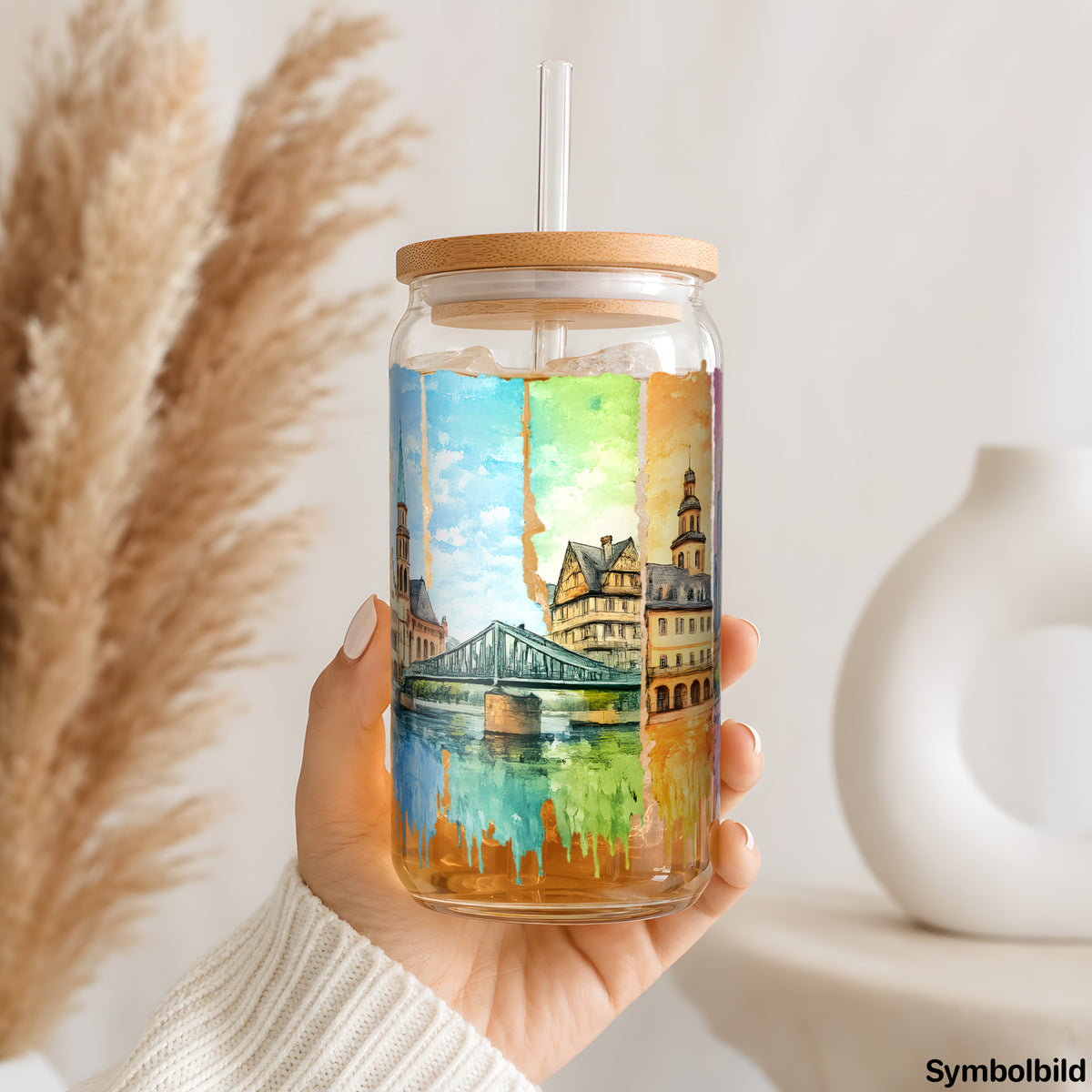 Frankfurt in Aquarell als UV-DTF Sticker auf einem 16oz Glasbecher