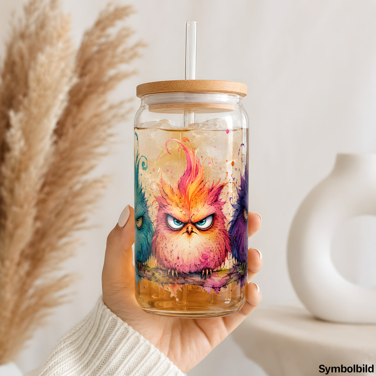 Grimmige Eulen im Trio als UV-DTF Sticker auf einem 16oz Glasbecher