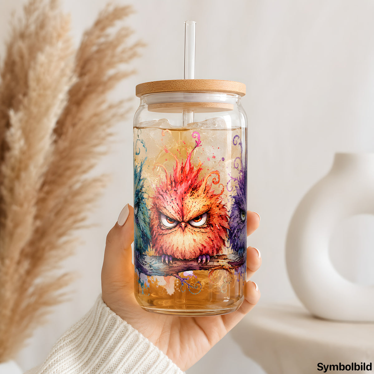 Grimmige Küken als UV-DTF Sticker auf einem 16oz Glasbecher