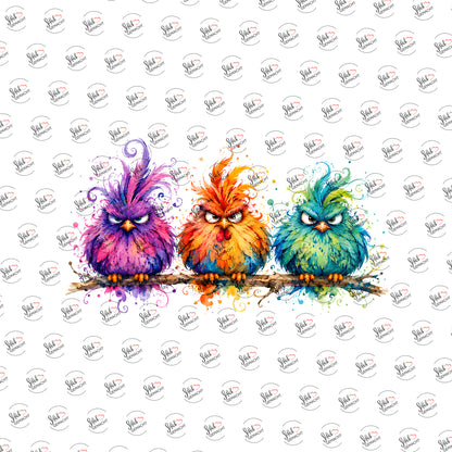 Grimmige Vögel in Bunt als UV-DTF Sticker einzeln