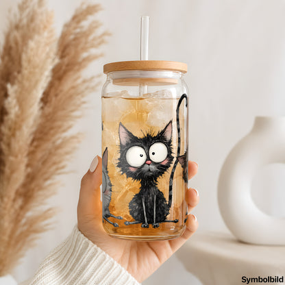 Struppige Katzenbande als UV-DTF Sticker auf einem 16oz Glasbecher