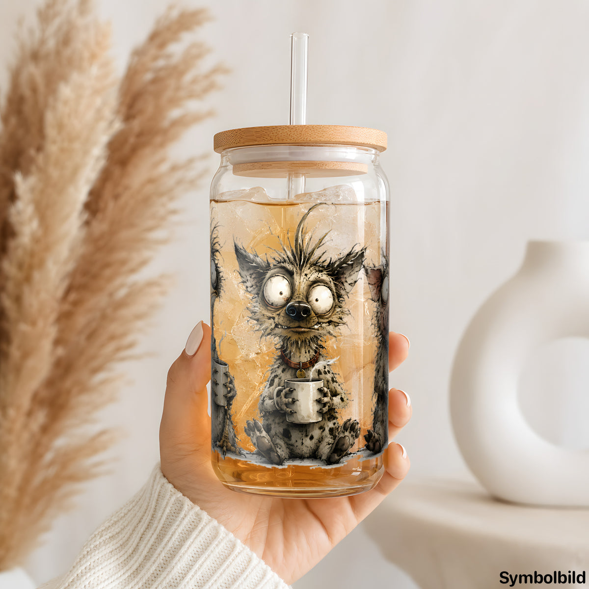 Kaffeerunde im Zoo als UV-DTF Sticker auf einem 16oz Glasbecher