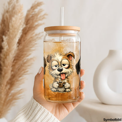 Hunde beim Morgenkaffee als UV-DTF Sticker auf einem 16oz Glasbecher