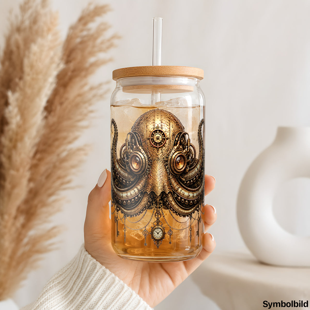 Steampunk-Krake als UV-DTF Sticker auf einem 16oz Glasbecher