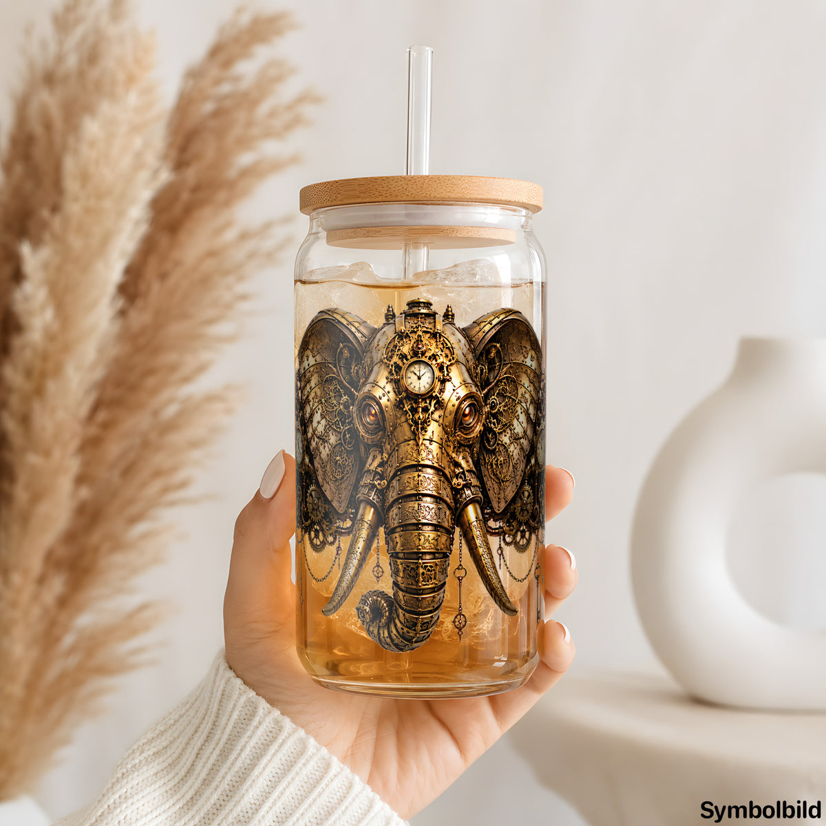 Steampunk-Elefant als UV-DTF Sticker auf einem 16oz Glasbecher