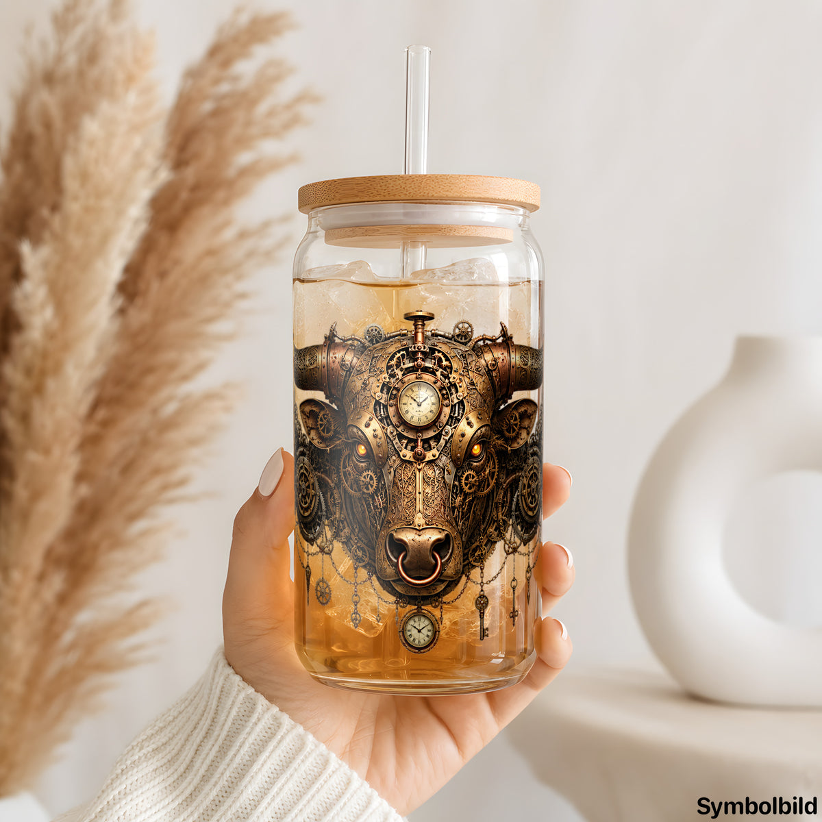 Steampunk-Stier als UV-DTF Sticker auf einem 16oz Glasbecher