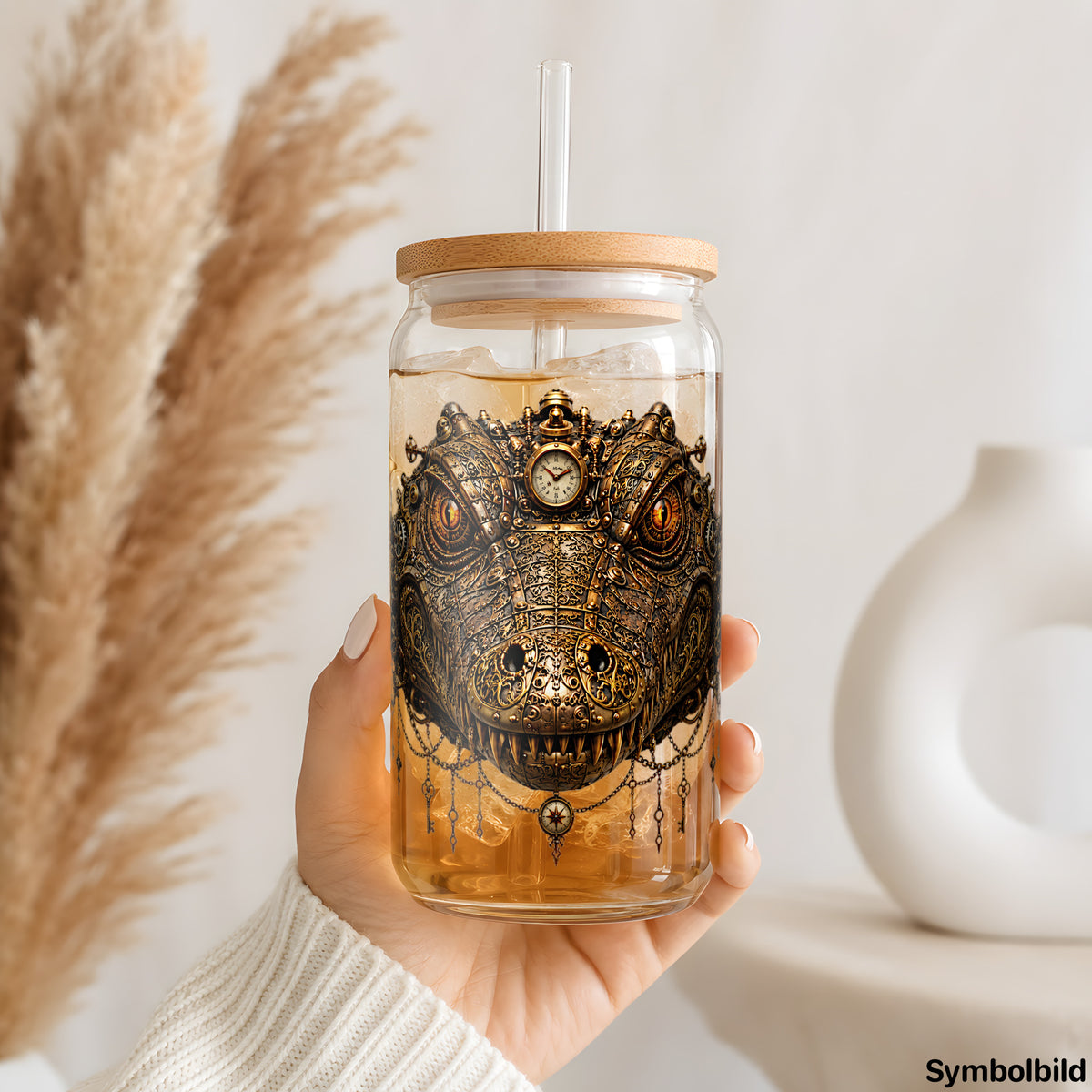 Steampunk-Krokodil als UV-DTF Sticker auf einem 16oz Glasbecher