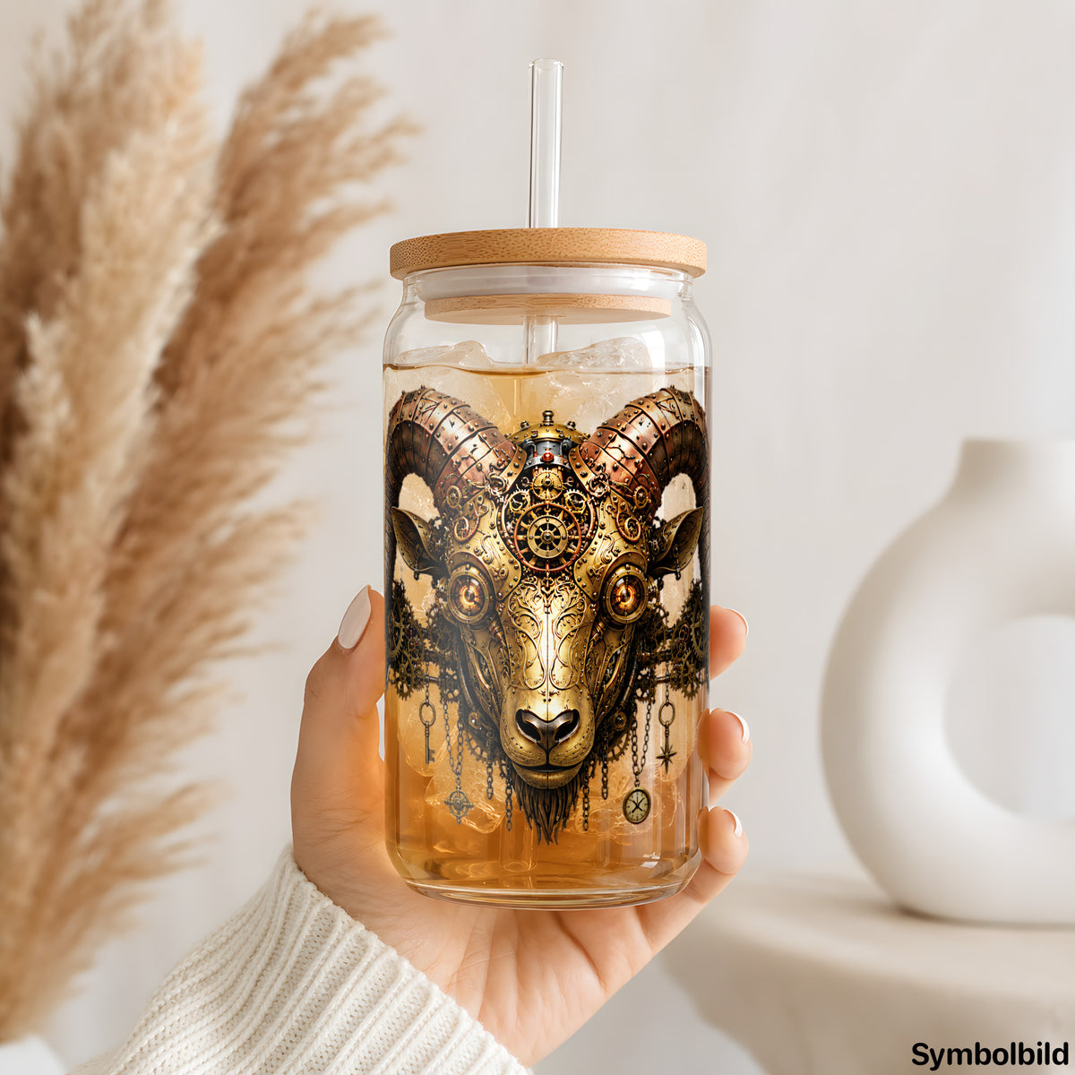 Steampunk-Widder als UV-DTF Sticker auf einem 16oz Glasbecher
