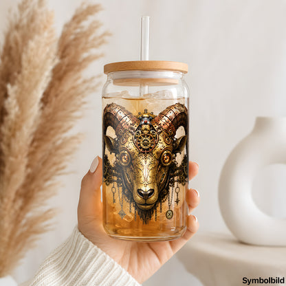 Steampunk-Widder als UV-DTF Sticker auf einem 16oz Glasbecher