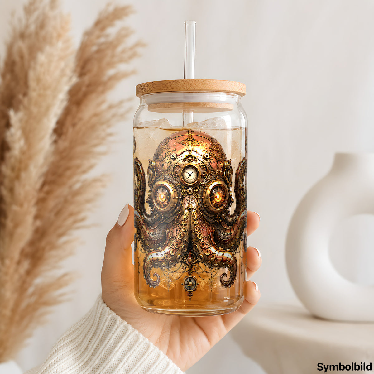 Steampunk-Oktopus als UV-DTF Sticker auf einem 16oz Glasbecher