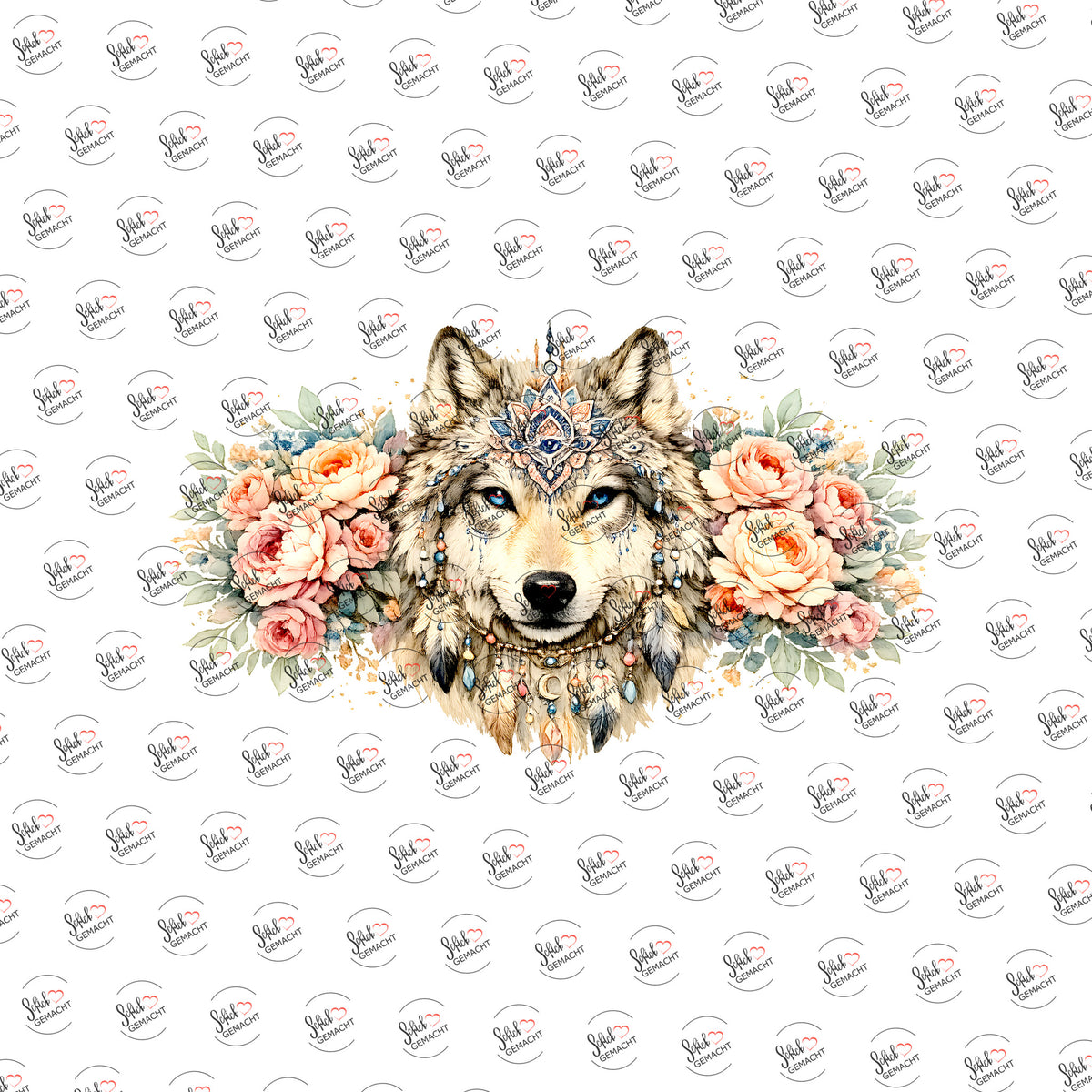 Wolf mit Pfingstrosen als UV-DTF Sticker einzeln