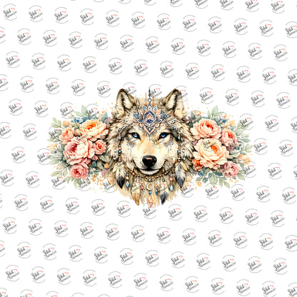 Wolf mit Pfingstrosen als UV-DTF Sticker einzeln