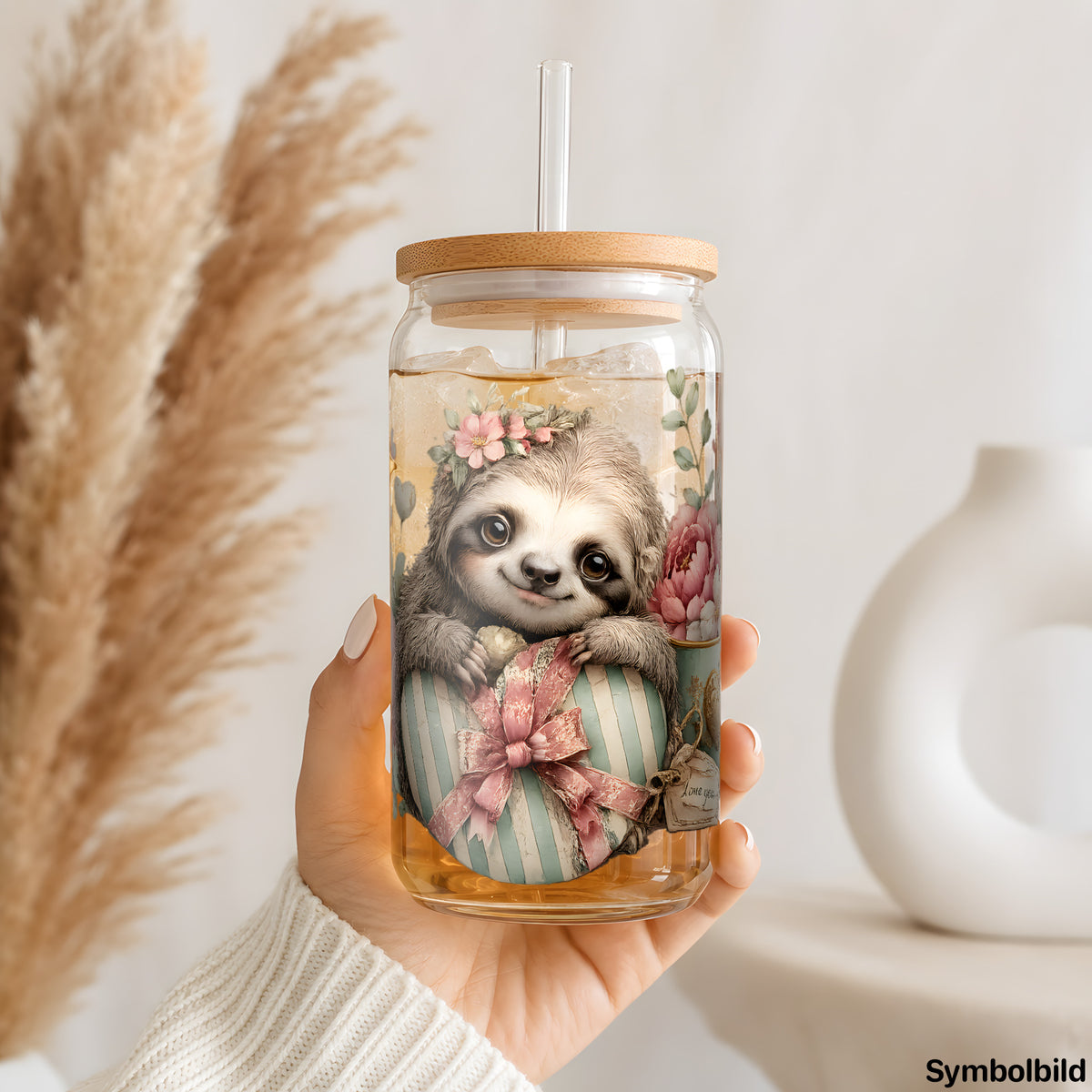 Faultier mit Herzgeschenk als UV-DTF Sticker auf einem 16oz Glasbecher