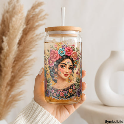Blumenkranz-Portrait als UV-DTF Sticker auf einem 16oz Glasbecher