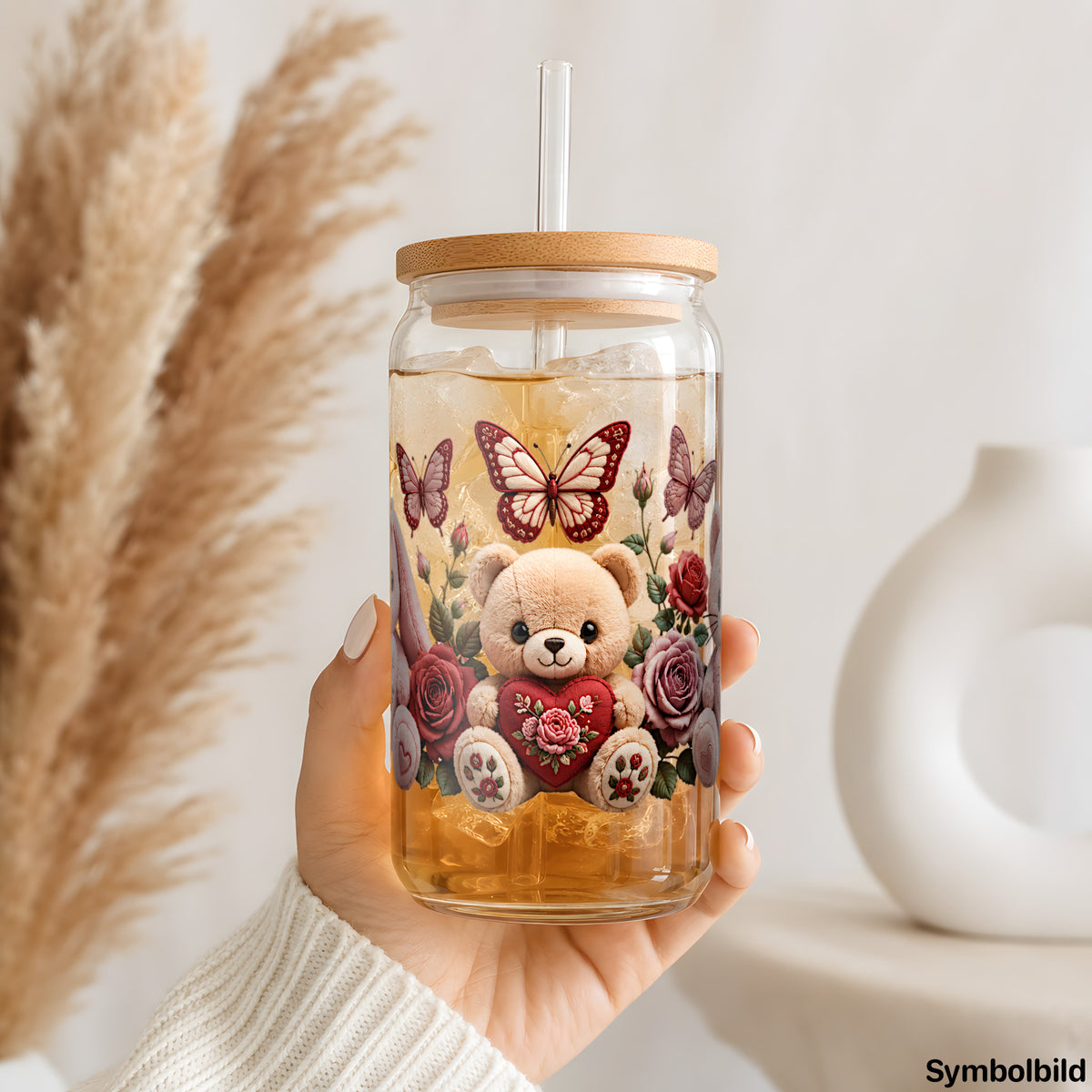 Plüschtiere mit Rosen als UV-DTF Sticker auf einem 16oz Glasbecher