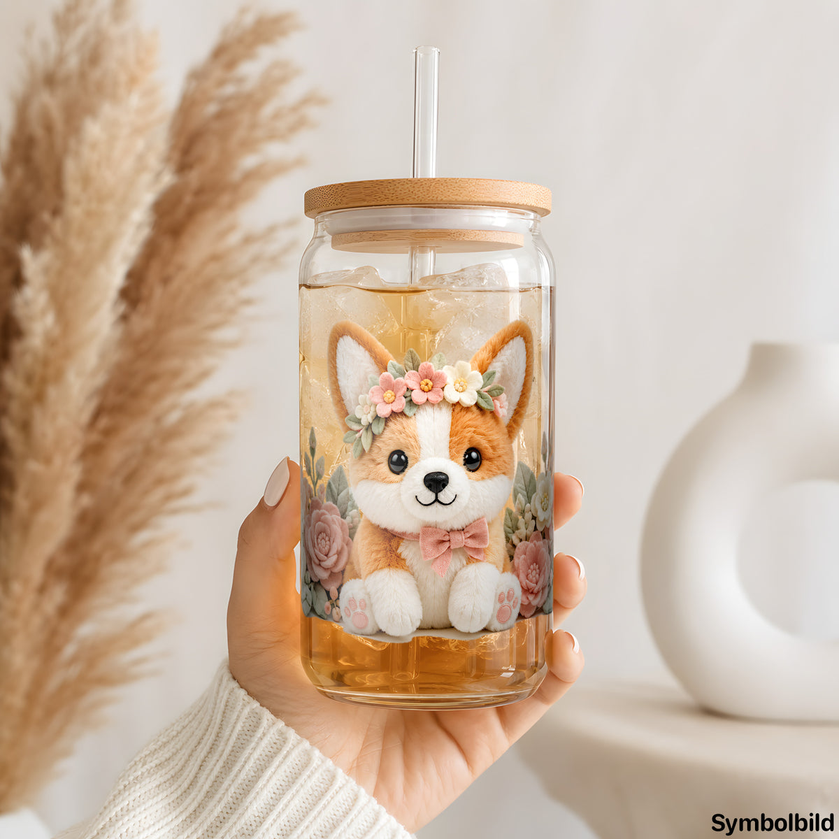 Corgi in Pastellblüten als UV-DTF Sticker auf einem 16oz Glasbecher