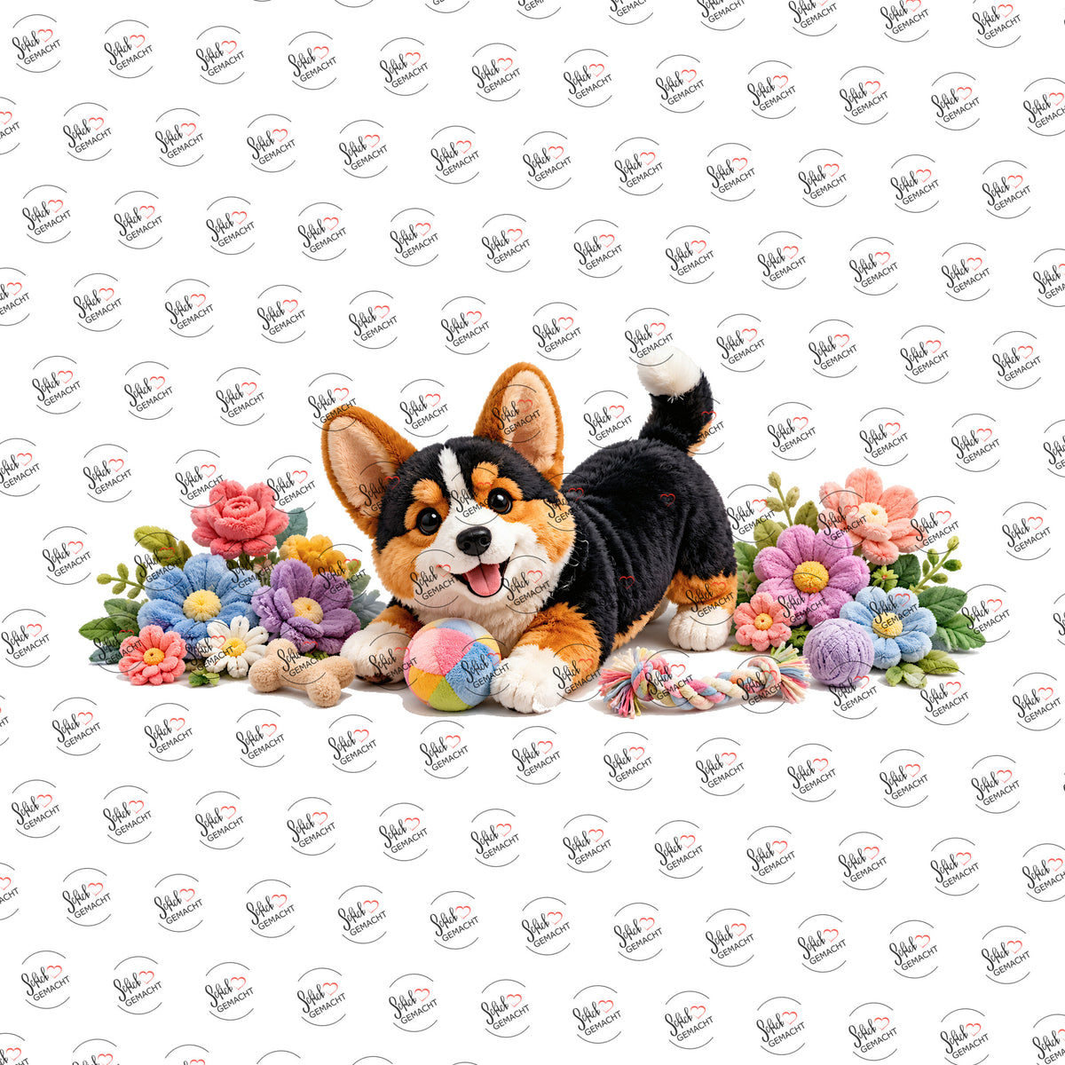 Plüsch-Corgi beim Spielen als UV-DTF Sticker einzeln