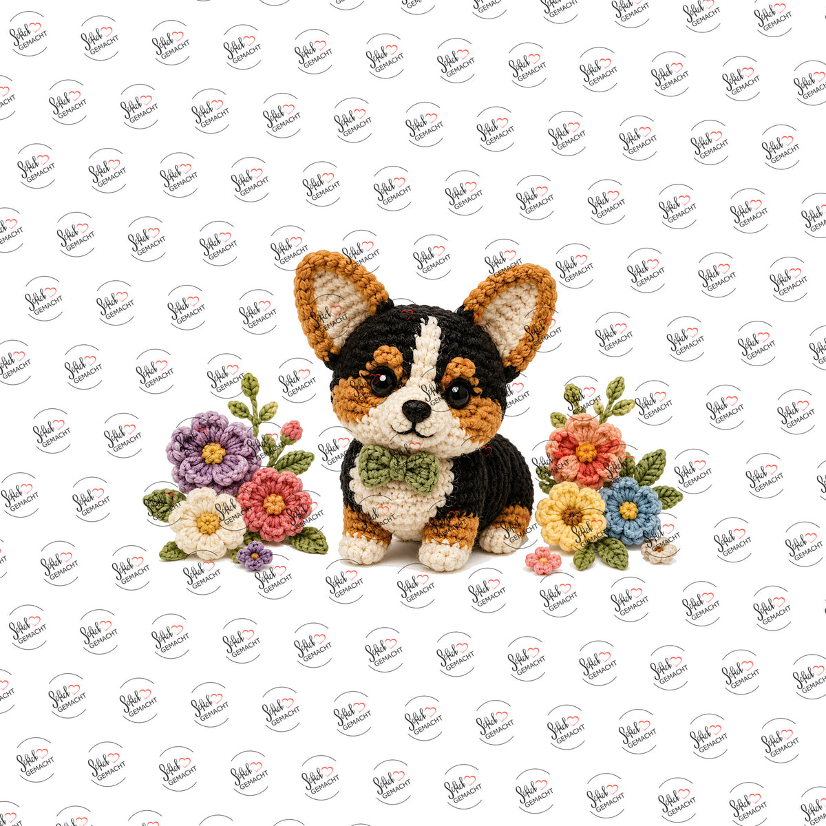 Häkel-Corgi im Blumenbeet als UV-DTF Sticker einzeln