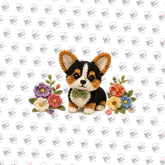 Häkel-Corgi im Blumenbeet