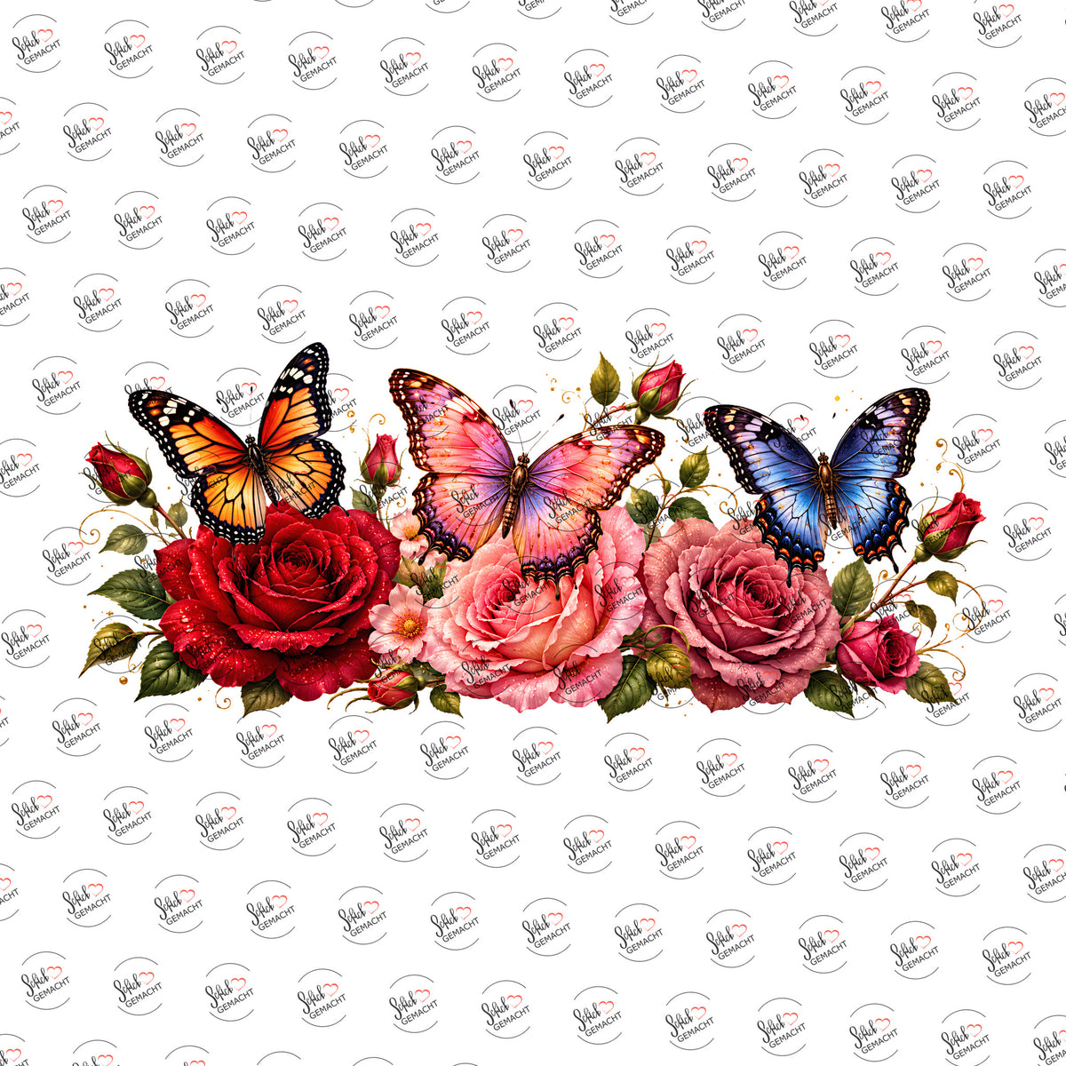Falter über roten Rosen als UV-DTF Sticker einzeln