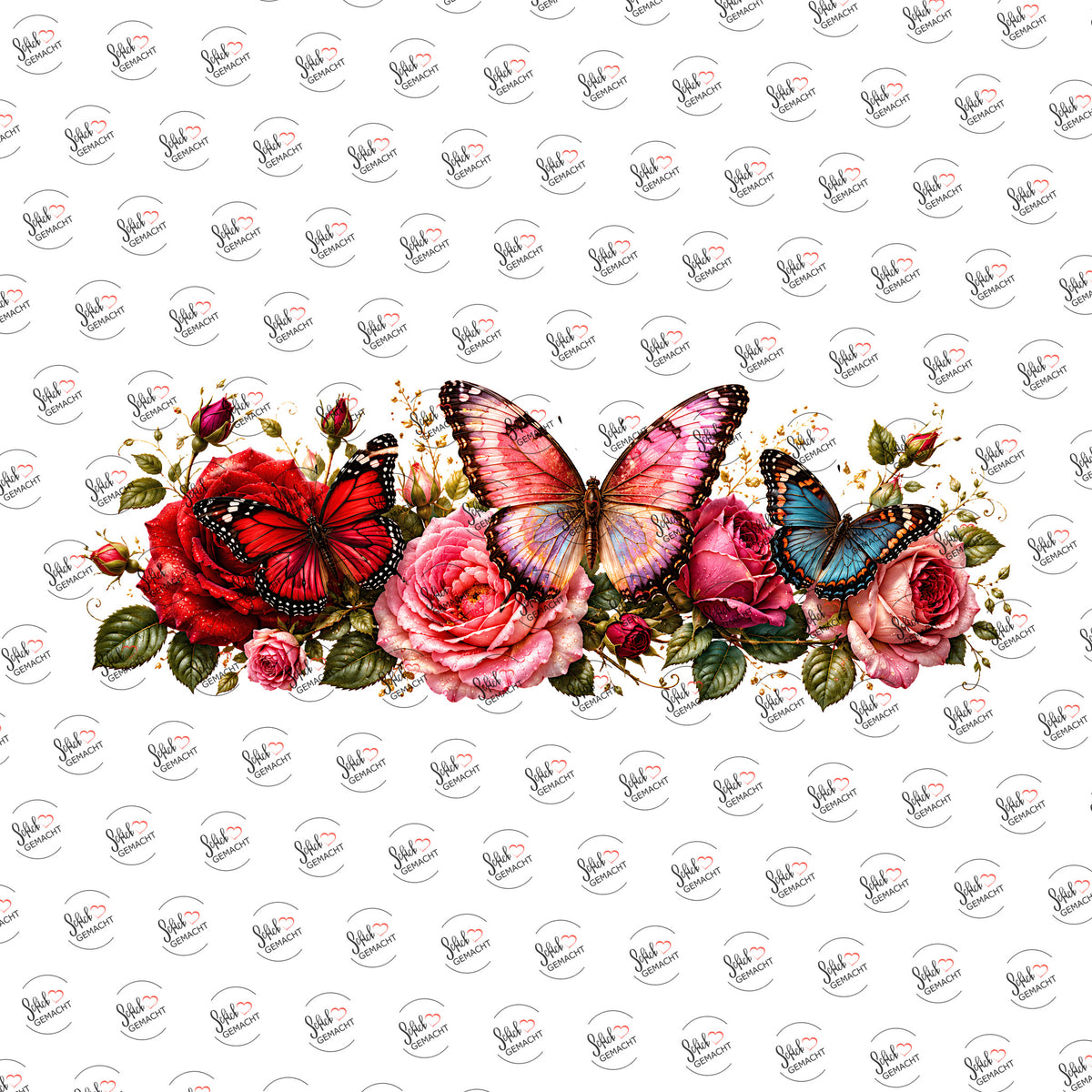 Drei Falter über Rosen als UV-DTF Sticker einzeln