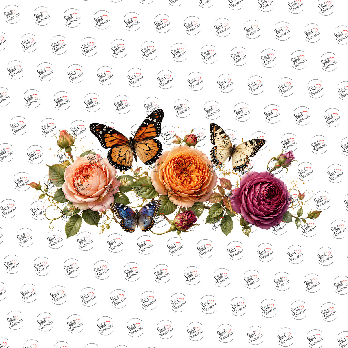 Monarchfalter und Rosen als UV-DTF Sticker einzeln