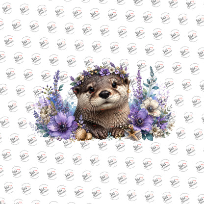 Otter mit Blütenkranz als UV-DTF Sticker einzeln