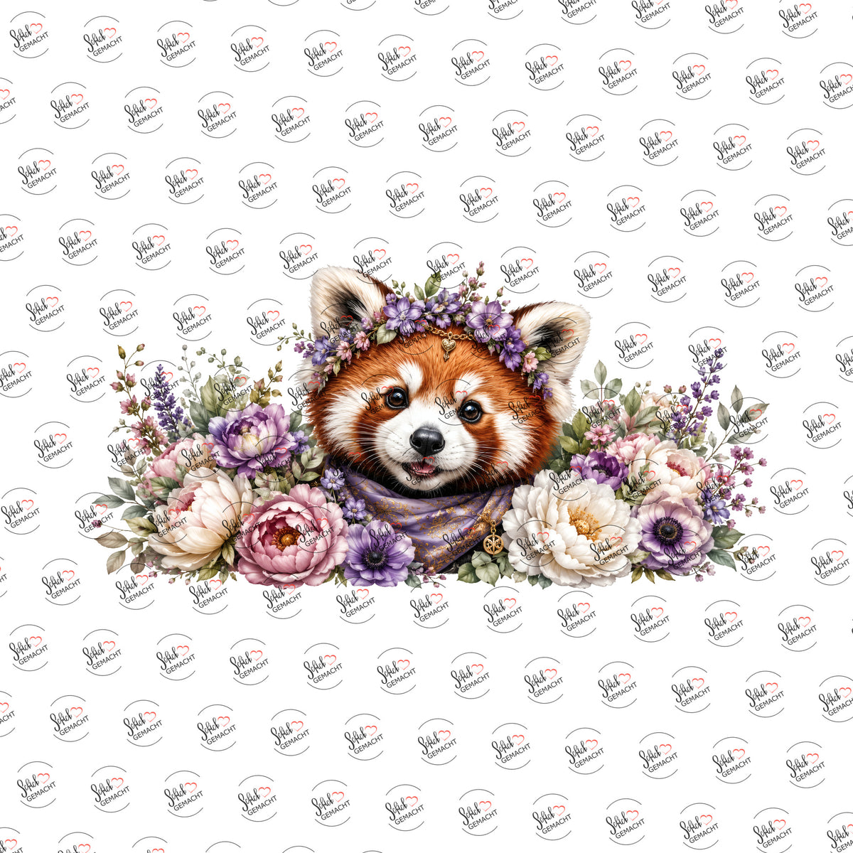 Roter Panda mit Blütenkranz als UV-DTF Sticker einzeln