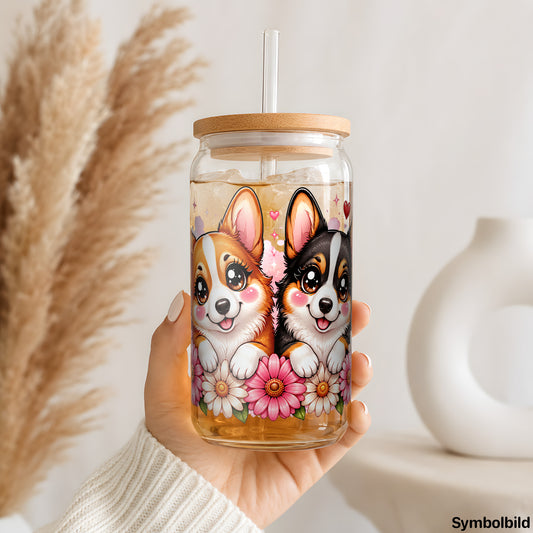 Corgi-Duo im Blumenbeet