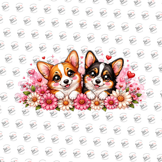 Corgi-Duo im Blumenbeet