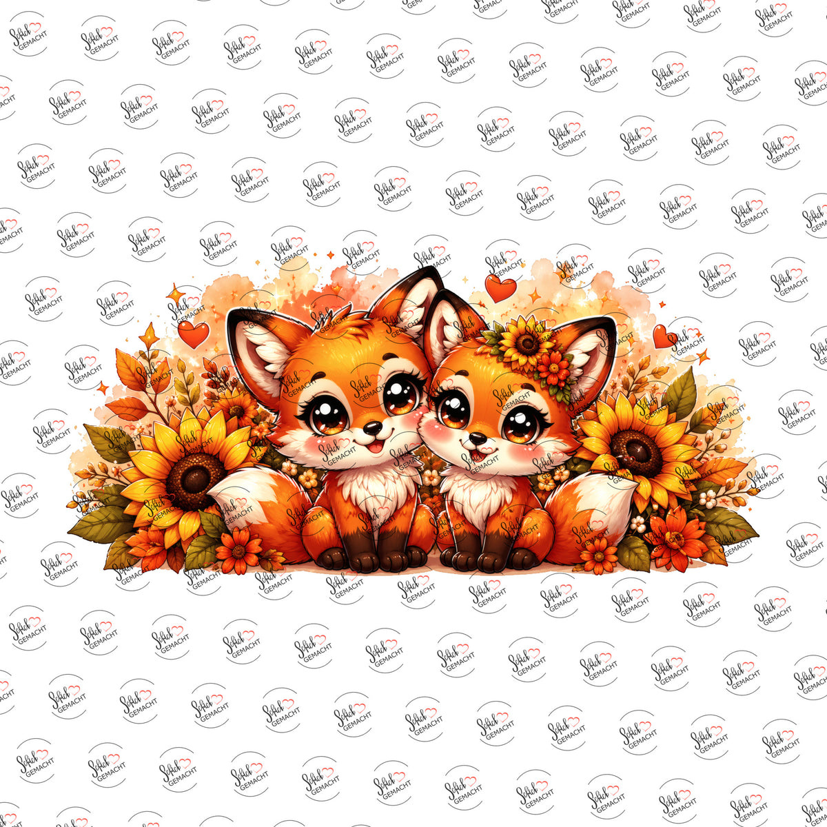 Fuchsgeschwister im Sonnenblumenfeld als UV-DTF Sticker einzeln